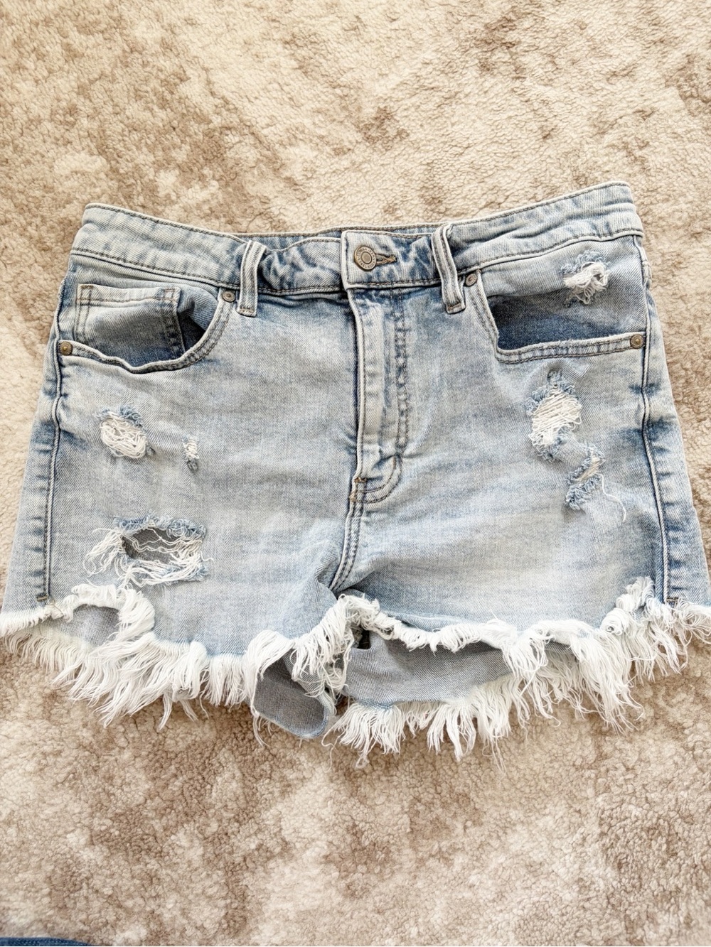 M • eunina Lulu super high rise cut off jean shorts light wash distressed raw